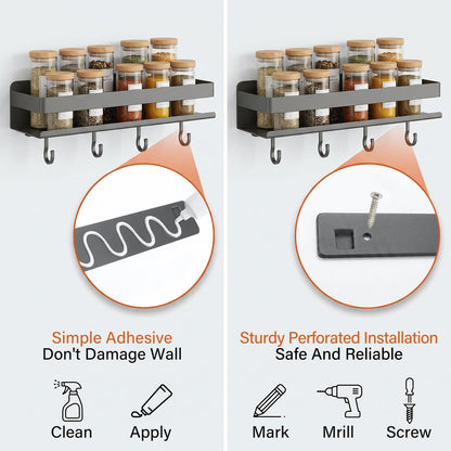 TIMBERHIDE 2-Pack Wall Mount Spice Rack,Easy to Install on the anywhere,Carbon Steel Kitchen Organizer with Hooks for Oil Salt Seasonings&Bathroom Toiletries,Grey