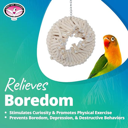 Super Bird Creations SB130 Snuggle Ring Bird Toy - Comforting Cotton Rope Hideaway - Durable Steel Ring, Safe Cage Attachment - Ideal for Cockatiels, Parrots - Small/Medium Birds - 9" x 7" x 3"