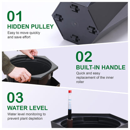 22.4" Black Tall Planters Outdoor Set of 2, Large Black Flower Pots Outdoor with Drainage Holes & Automatic Watering System, Modern Large Resin Planters for Outdoor Plants, Front Porch, Deck, Diamond