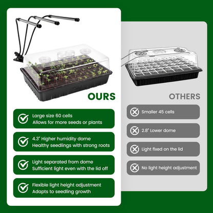 SOLIGT 60 Cell Seed Starter Kit with Grow Light and Heat Mat, Seed Starter Tray with Higher 4.3” Humidity Dome, Flexible Light Positioning for Seed Starting & Seedling Growth
