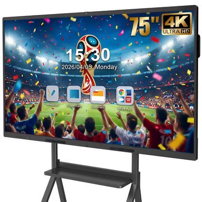 QIXZOCV 75" Smart Board for Business, Interactive Whiteboard with Multi-Touch, 4K Electronic Board with Screen Sharing, Bluetooth/WiFi/HDMI, Camera & Mic, Android 14, 8+128G (Wall Mount Included)