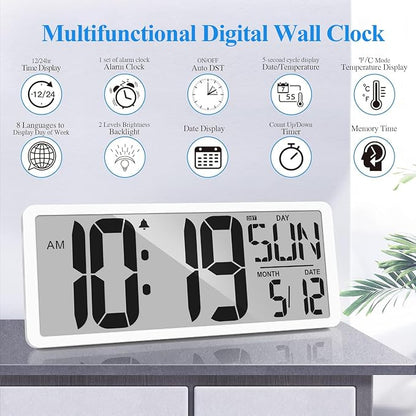 Large Digital Wall Clock with Backlight 15.2 Inch Digital Alarm Clock for Bedroom Wall Clocks Battery Operated Large Display with Temperature Desk Clocks for Office Living Room Decor