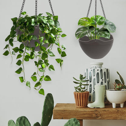 One Boat Hanging Planters for Indoor Plants 3 Pack - 7/8/10 Inch Plastic Hanging Pots with Water Sieve Mesh, Small Hanging Pots for Home Garden, Porch, Balcony & Patio Decor, Black