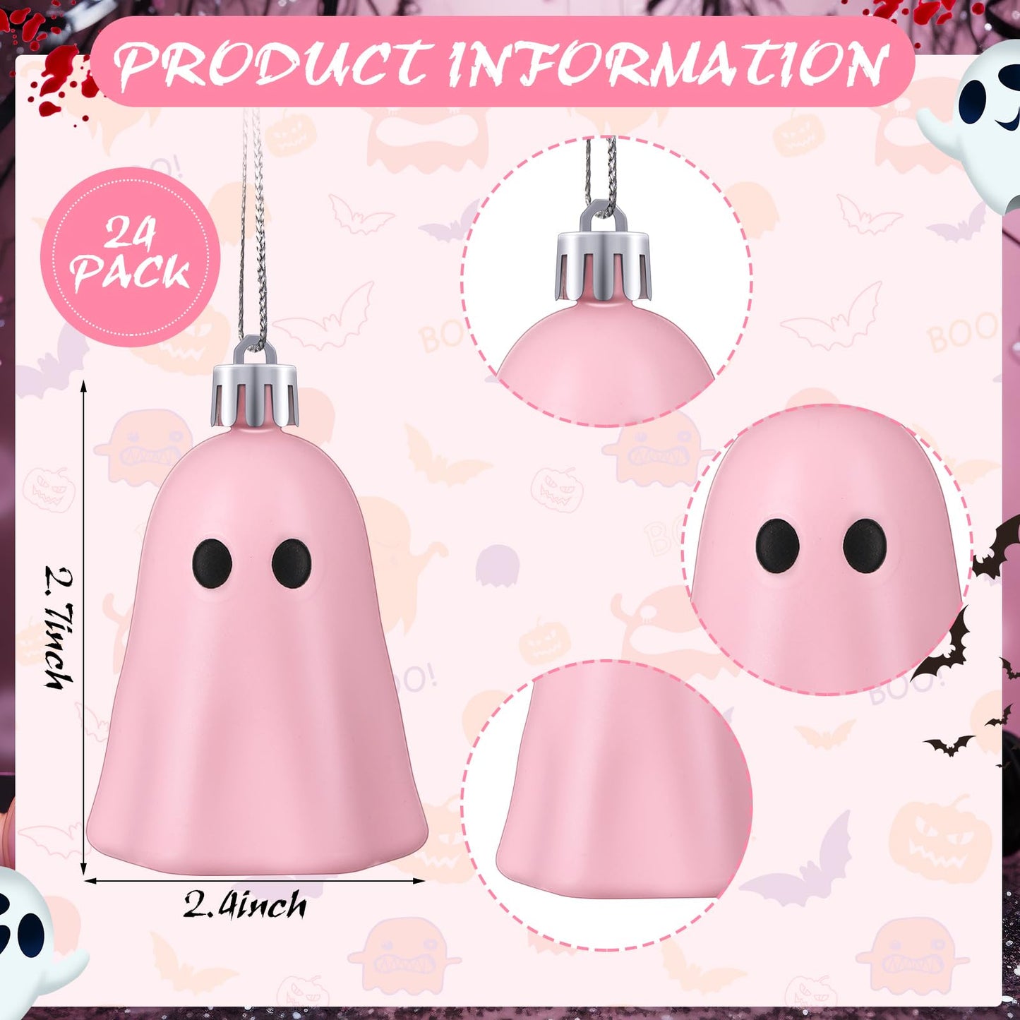 Tigeen 24 Pcs Halloween Hanging Ornaments Cute Ghost Decoration Halloween Tree Decoration Plastic Decorative Mini Ghost Ornaments for Home Tree Party Supplies (Cute,Pink)