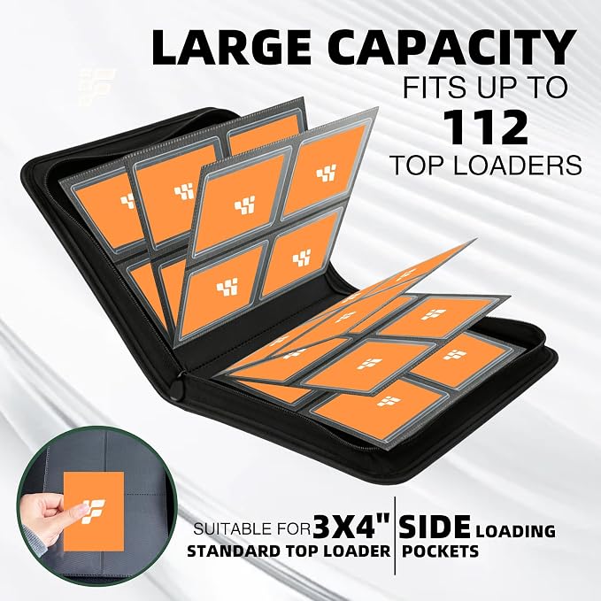 Top Loader Binder, Holds 112 Cards in 3"x4" Toploaders, Trading Card Binder 4 Pocket for TCG, MTG, YGO, Game Cards, Sports Cards(Orange)
