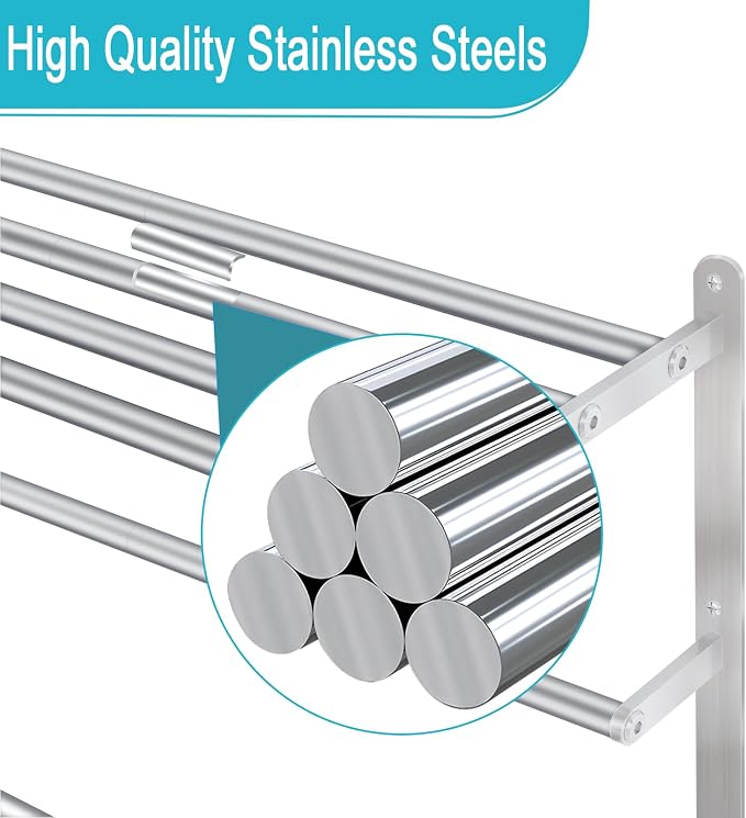 24 inch Towel Racks for Bathroom, VOTZAAQ Towel Shelf with Double Towel Bar, Stainless Steel Towel Storage for Lavatory Wall Mounted, 3-Tier Towel Hanger Towel Holder, Brushed Nickel