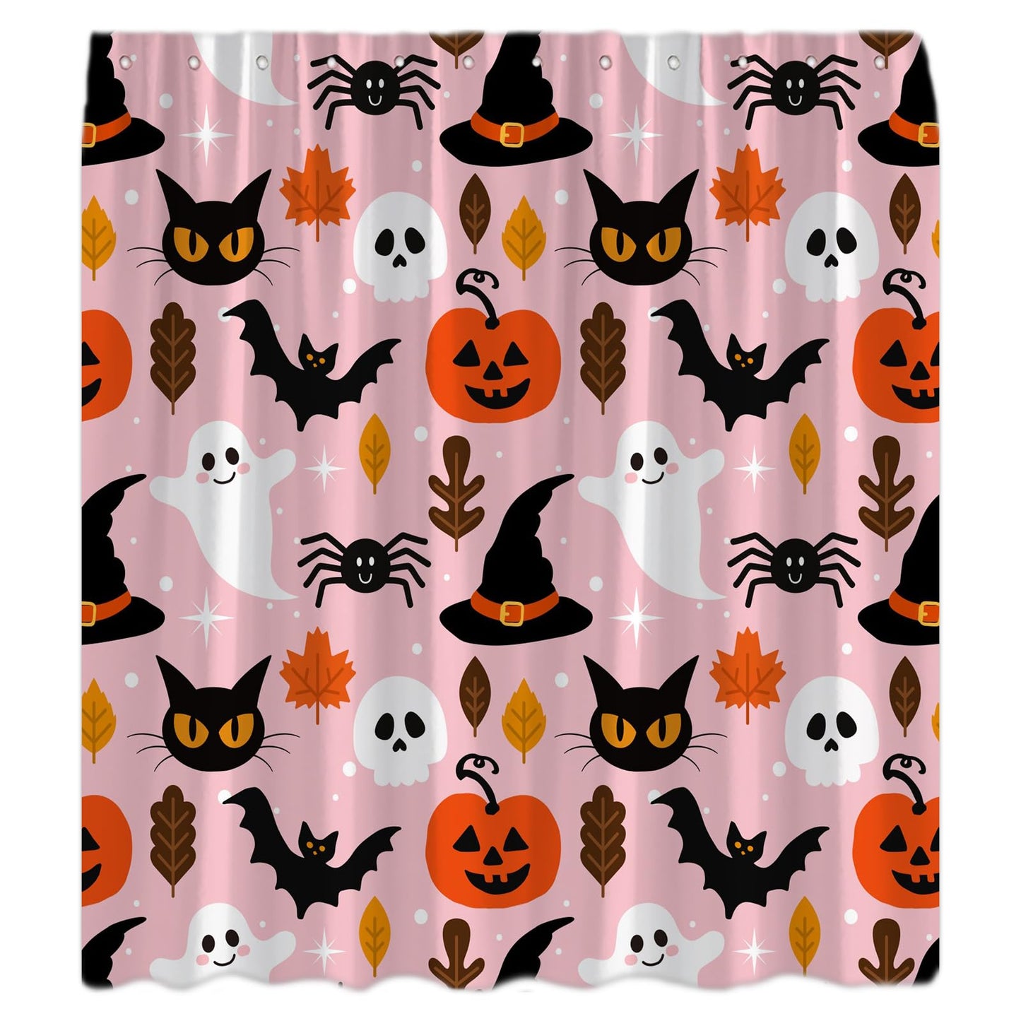 JOFKAXU Pink Halloween Shower Curtain Cute Ghost Pumpkin Spooky Black Cat Scary Skull Horror Bat Magic Witch Hat Gothic Spider Web Bath Curtain with Hooks