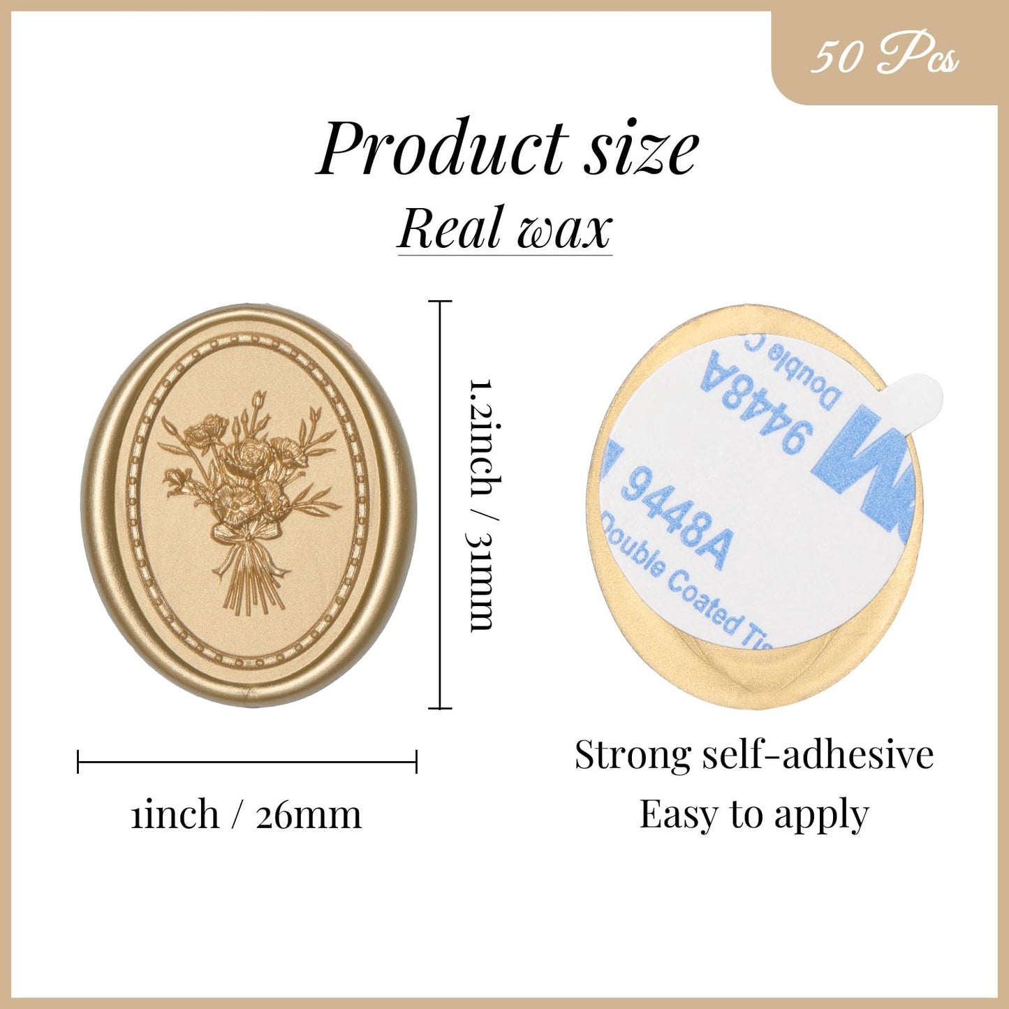 UNIQOOO Wax Seal Stickers - Vintage Photo Frame Floral Bouquet Wedding Invitation Envelope Seal Stickers, 50 Pcs Self-Adhesive Light Gold Stickers, Perfect for Invitation, Christmas, Gift Wrapping