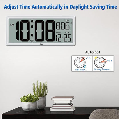 WallarGe 14.5'' Large Digital Wall Clock Battery Operated with Jumbo Numbers, Temperature and Date - Easy to Read and Set, Auto DST