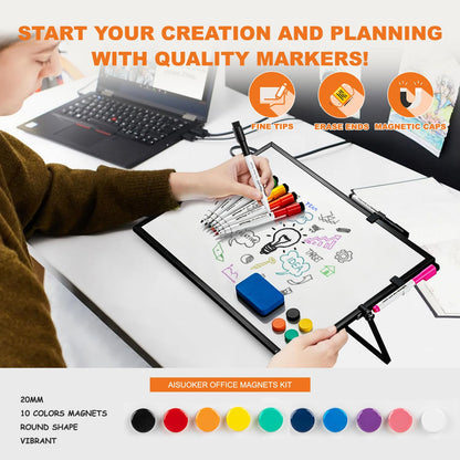 Dry Erase WhiteBoard, Aisuoker 16 x 12inch Magnetic Desktop Whiteboard with Stand, 10 Markers, 10 Magnets and 1 Eraser, Portable Double-Sided White Board for Kid Drawing Memo to Do and List Wall-Black