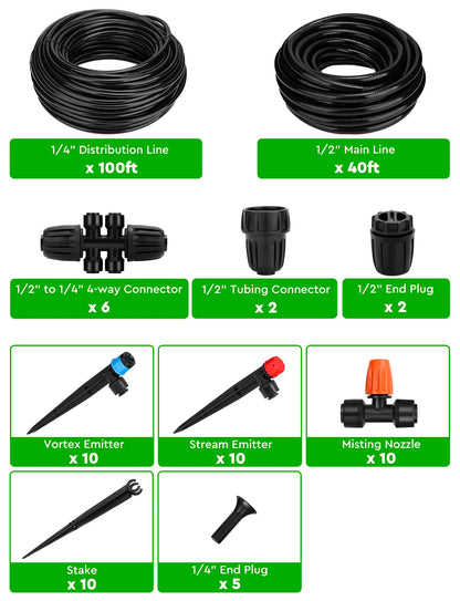 Landtouch Drip Irrigation System, 40FT 1/2" Mainline & 100FT 1/4" Tubing, with Adjustable Drip Emitters Misting Sprinkler, Efficient Sprinkler System Kit for Flower Bed, Raised Bed, Greenhouse, Lawn