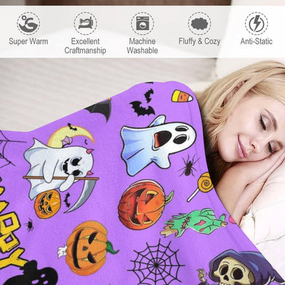 Halloween Throw Blanket 60" x 50" - Soft Flannel Ghost Blanket, Cozy Plush for Couch, Sofa & Bed, Fall Winter Decor, for Kids & Adults (Purple)