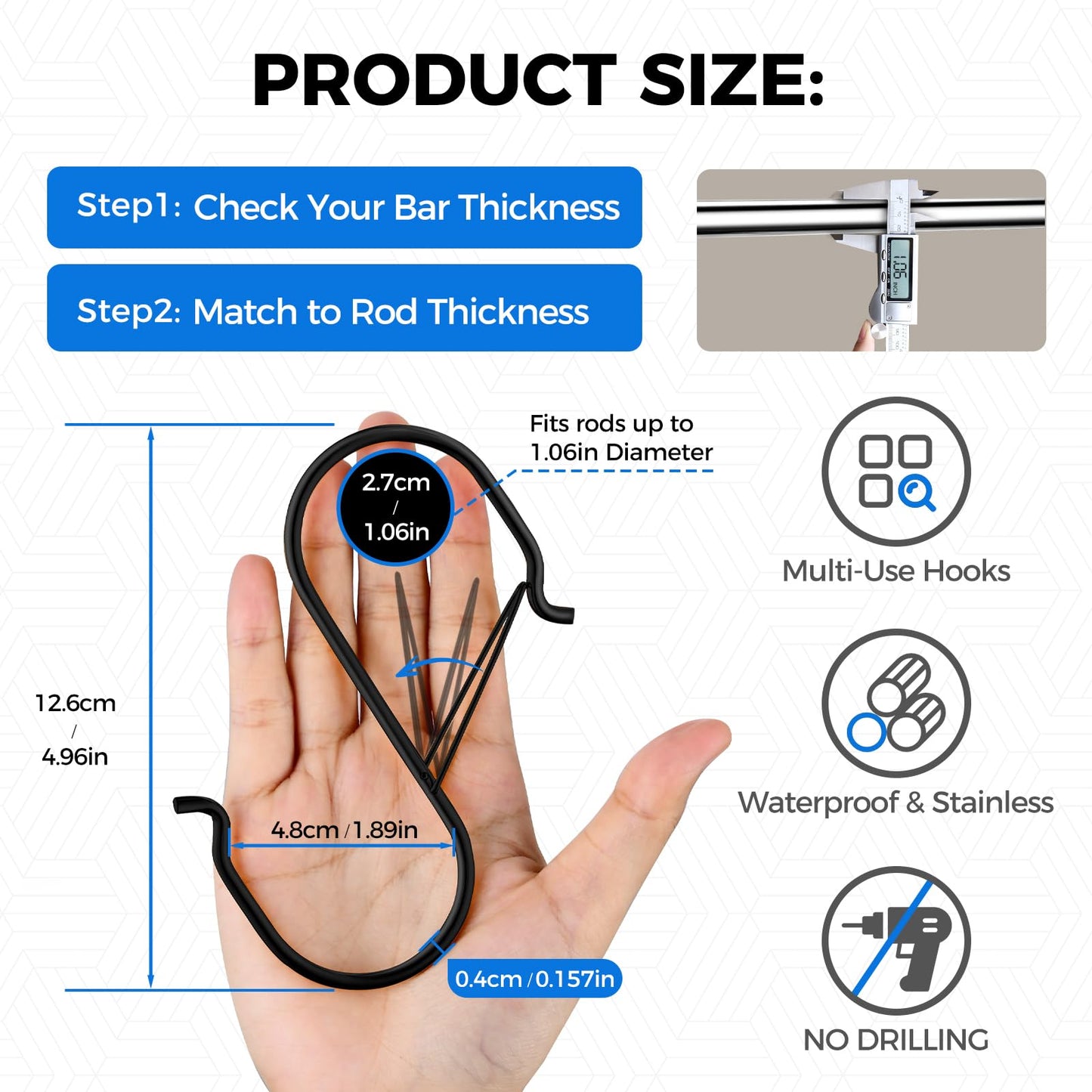 HCTESCO Heavy Duty Large S Hooks, 4.96 inch, Black, Set for Hanging Plants, Carabiners, Kitchen Cabinet Handles,s Hooks Buckle Side is Suitable for mostrods,Less Than 1.2inch in diamete(16)