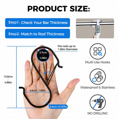 HCTESCO Heavy Duty Large S Hooks, 4.96 inch, Black, Set for Hanging Plants, Carabiners, Kitchen Cabinet Handles,s Hooks Buckle Side is Suitable for mostrods,Less Than 1.2inch in diamete(16)