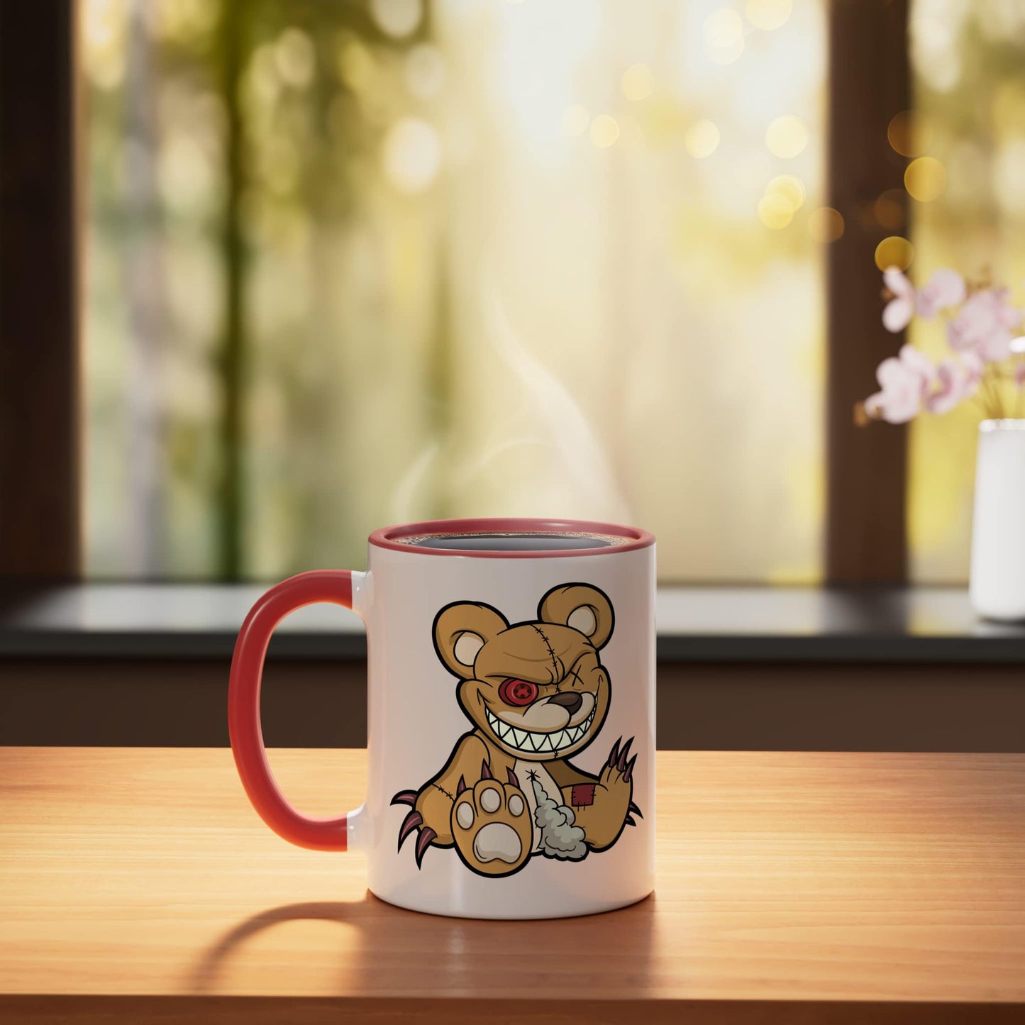 Evil Scary Teddy Bear Cute Halloween Horror Teddy Bear Ceramic Mug, Red/White