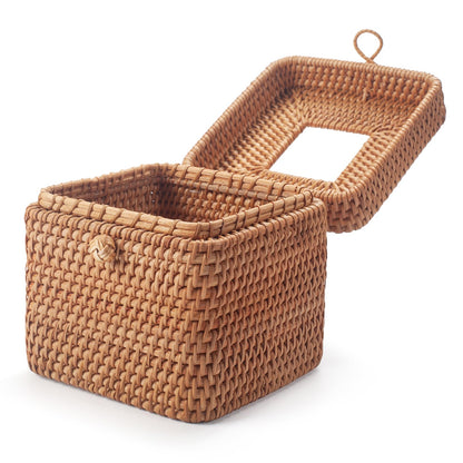 Rattan Tissue Box Cover Natural Woven Facial Napkin Holder Square with Lid 5.7 x 5.7 x 5.5 Inch (Natural)