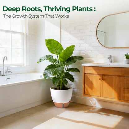 T4U 5 Pack Self Watering Pots (6"+8"+9"+10"+12") - Water Level Indicator & Deep Reservoir, Mess-Free Planters for Busy People, Beginners & Gardeners, Fit Most Plants, Indoor Outdoor Use (White)