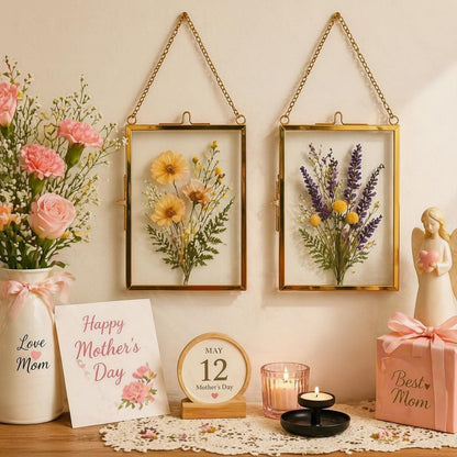WHYTOOPY Pressed Flower Frames with Tweezers,Wall Hanging Double Glass Frames 2x3 with Metal Chain for Dried Flowers Plants,Floating Photo Frame for Display Gallery Artwork,Golden, 4 Pack