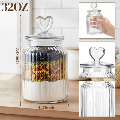 Potchen 4 Sets 32oz Cookie Jars Glass Candy Jar with Heart Lids Decorative Heart Containers Food Storage Canister with Airtight Lid for Valentines Party Table Decoration(Clear Lid)