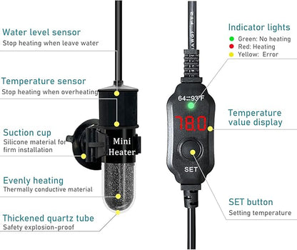 Mini Submersible Aquarium Heater, 25/30/50/100/150/200 Watts Adjustable Fish Tank Heater, Built-in Thermometer, External Temperature Controller, Smart Memory, Used for 1-60 Gallons (30W Plug)