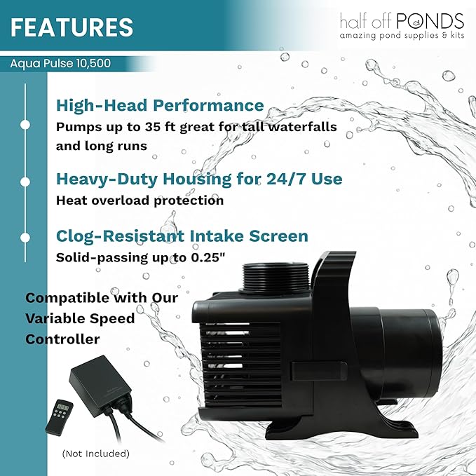 HALF OFF PONDS Submersible Water Pump, 10,500 GPH Pond Pump with 200FT Power Cord and 27 FT Max Head, 620W Ultra Quiet Energy Efficient Pump for Koi Pond, Fountain, Waterfall, Water Garden, Skimmer