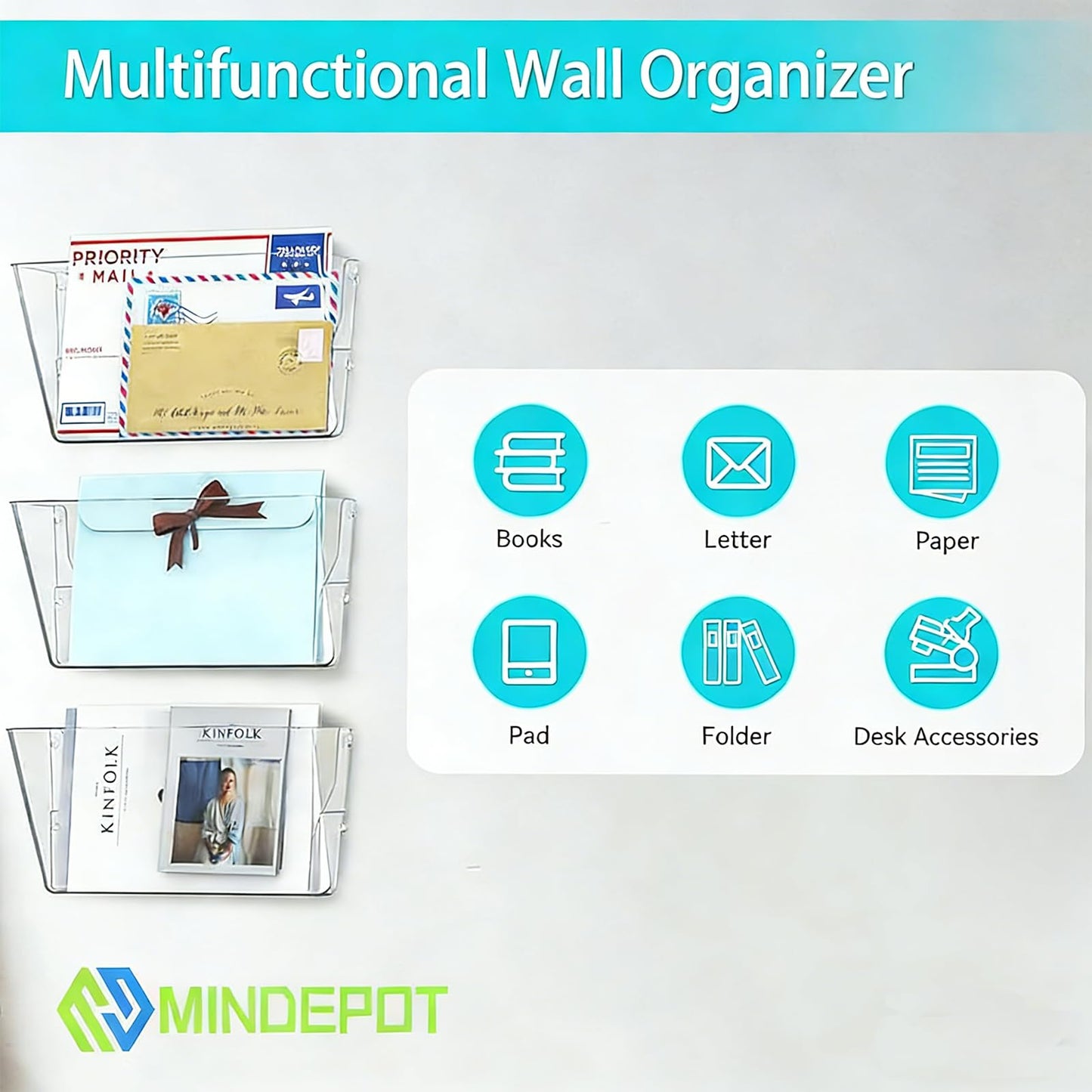 MINDEPOT 3 Pockets Acrylic Wall File Organizer, Clear Wall File Holder, Plastic Hanging Wall File Holder for Office, School and Home, Clear