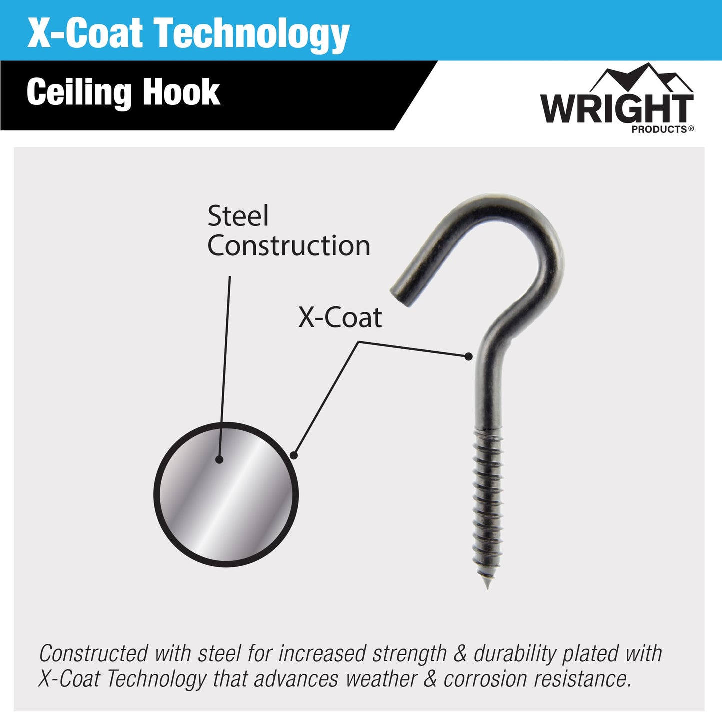Wright Products Ceiling Hook, 10-Pack, 4.81 inch x .44 inch, Heavy-Duty, Weather Resistant for Indoor or Outdoor Use, for Hanging Plants, Lights, and Decorations - Matte Black