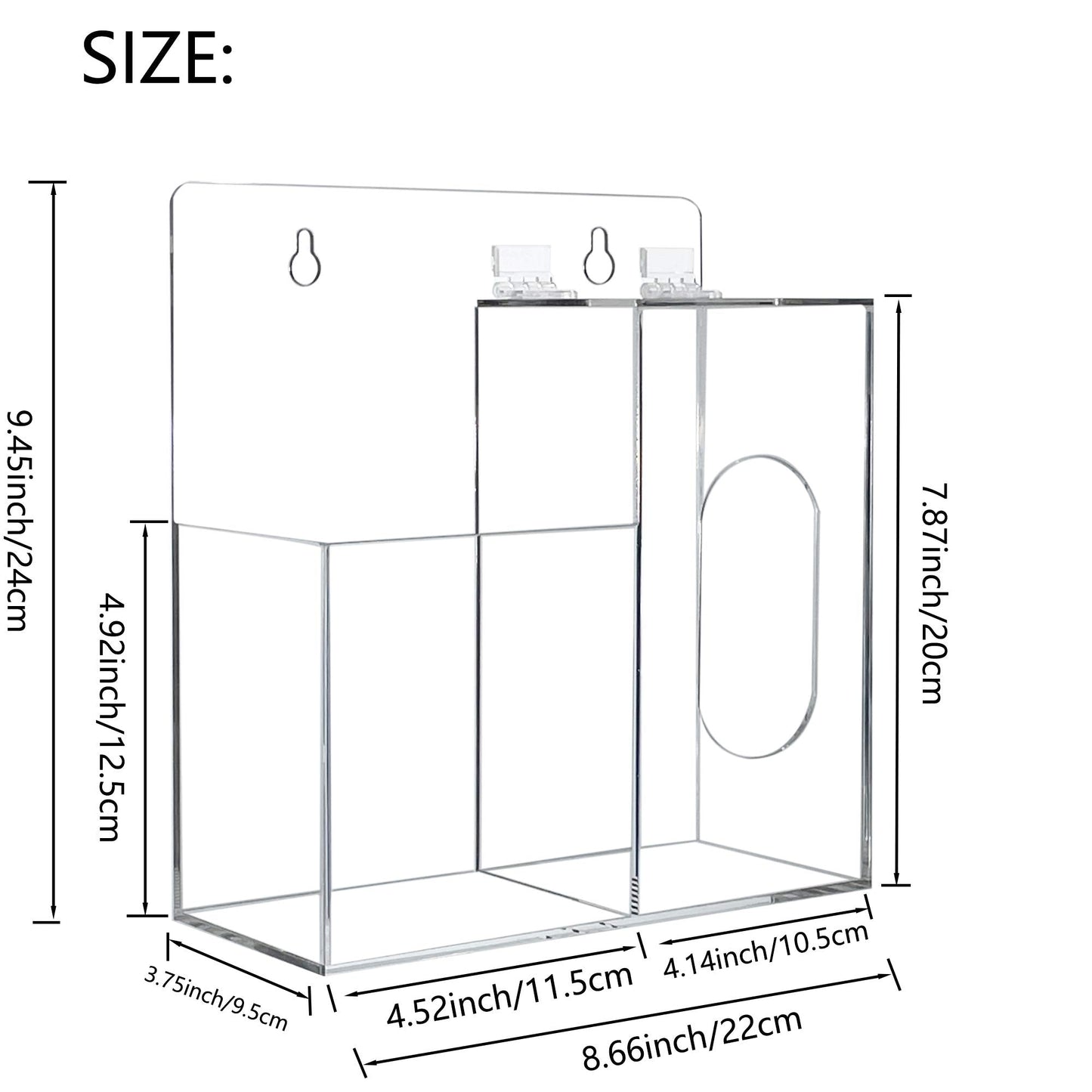 Aphbrada Acrylic Mask Dispenser & Hand Sanitizer Holder Stand Wall Mount or Countertop, Hygiene Station with 2 Compartment Clear Box Dispenser Holder for Face Masks, Gloves, Hairnets, Spray Bottle