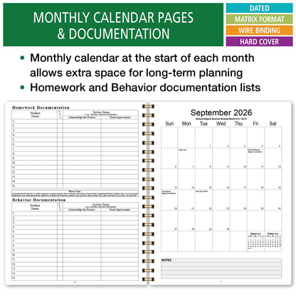 Elan Publishing Company HARDCOVER 7 Period Dated Teacher Lesson Plan; Days Horizontally Across The Top Dated for 2026-2027 Academic Year with Bonus Clip-in Bookmark (Black Tree Seasons)