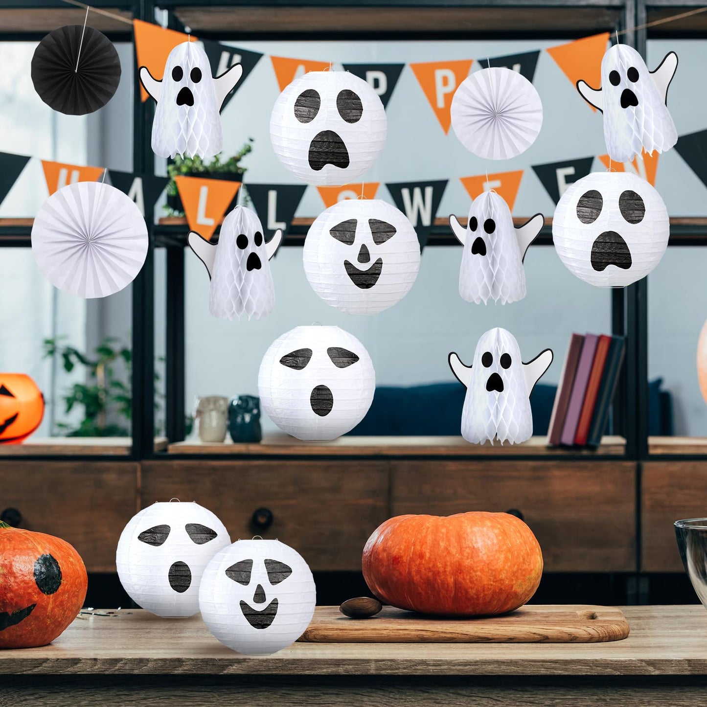 Humyoun 18 Pcs Halloween Party Decorations Kit Ghost Spooky Paper Lanterns Hanging Fans 3D White Ghost Honeycomb Ball for Indoor Outdoor Halloween Scary Party Supplies Haunted House Ceiling Decor