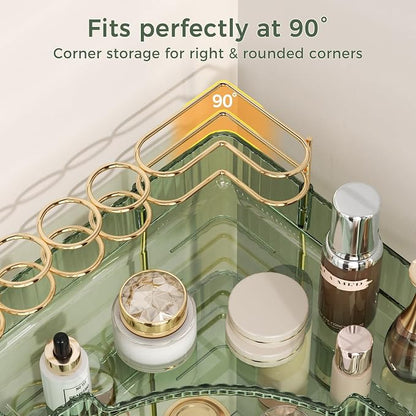 BEFSOP Corner Bathroom Counter Organizer, Upgraded 2-Tier Makeup Organizer Countertop with Makeup Brush Holder, Skincare Exquisite Vanity Organizers Countertop Bathroom Storage Dresser(Green)