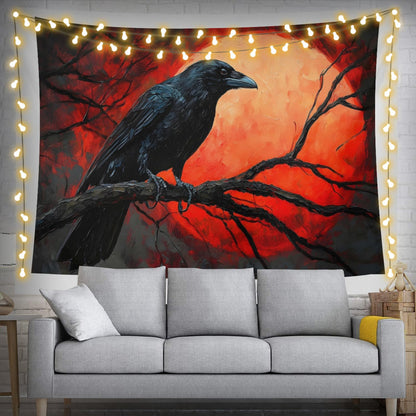 ZKPeFeH Crow Blood Moon Branch Tapestry Crow Tapestrys Raven Halloween Tapestry Gothic Tapestries 50x60 Inch