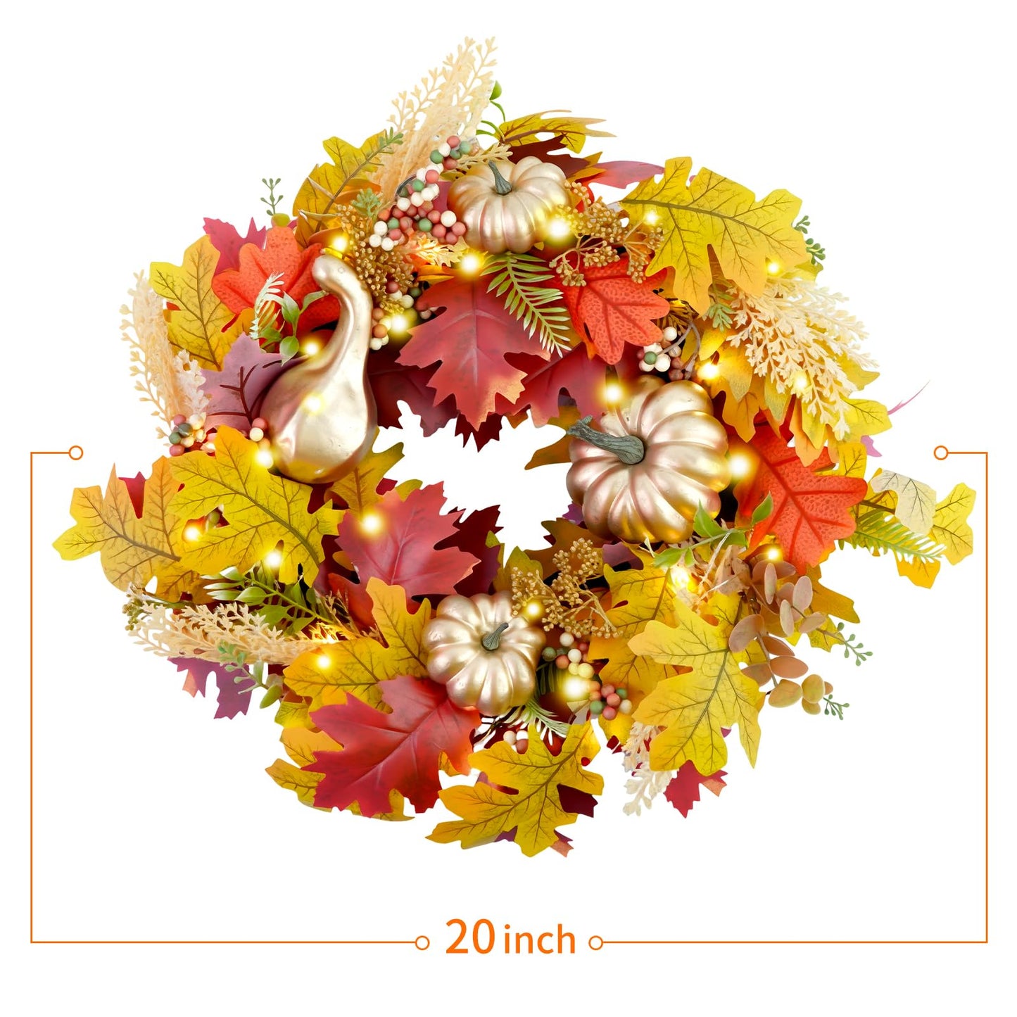Fall Wreaths for Front Door,Sunflower Autumn Wreath with Lights,Pumpkins and Bows,for Thanksgiving Halloween Farmhouse Indoor Outdoor Outside (Golden Pumpkin)