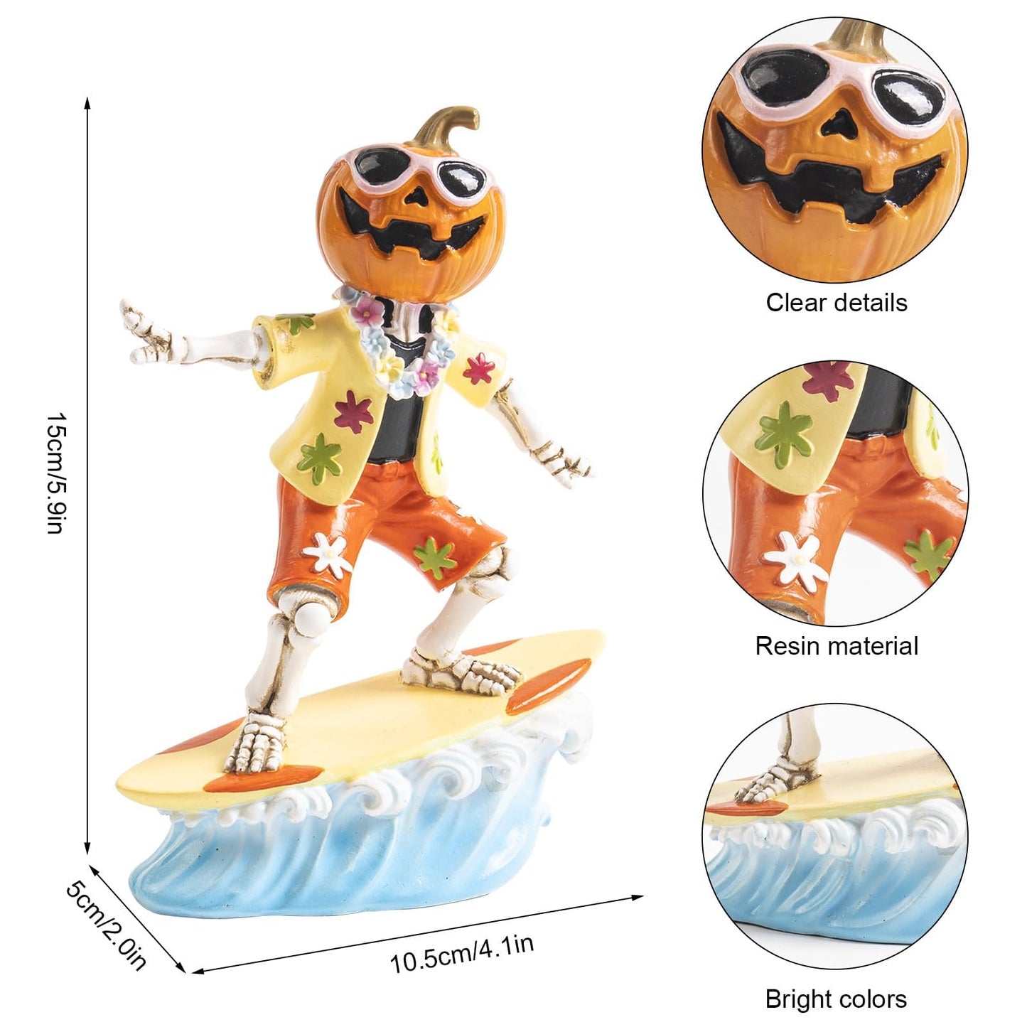 caiydramy Summerween Decorations for Home, 5.9" H Resin Surfing Pumpkin Skeleton Figurine, Spooky Summer Halloween Party Decorations, Tropical Hawaiian Beach Indoor Mantel Table Top Shelf Desk Decor