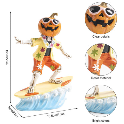 caiydramy Summerween Decorations for Home, 5.9" H Resin Surfing Pumpkin Skeleton Figurine, Spooky Summer Halloween Party Decorations, Tropical Hawaiian Beach Indoor Mantel Table Top Shelf Desk Decor