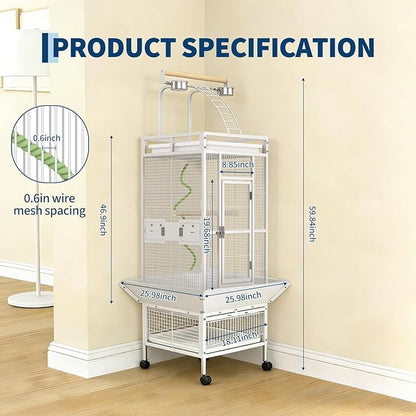 60" h Large Bird Cage, Indoor Parakeet Cage with Playtop, Bird Rope Perche, Heavy Duty Wrought Iron Bird Cage on Wheels for Parrots, Parakeets, Cockatiels, Conures