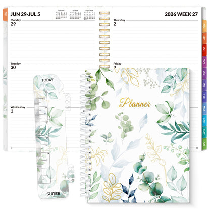 SUNEE Academic Planner 2026-2027 – Weekly & Monthly Planner, July 2026 to June 2027, 6.4"x8.3", Thick Paper, Tabs, Pockets, Bookmark, Spiral-Bound, Student Teacher Organizer, Greenery