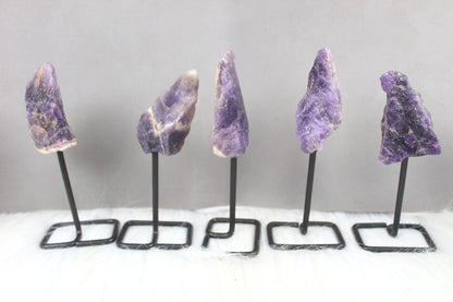 Jet Raw Cluster Stone Metal Stand Healing Crystals Stone for Home Office Decoration Small 4.5-5 Inch Tall (Amethyst)