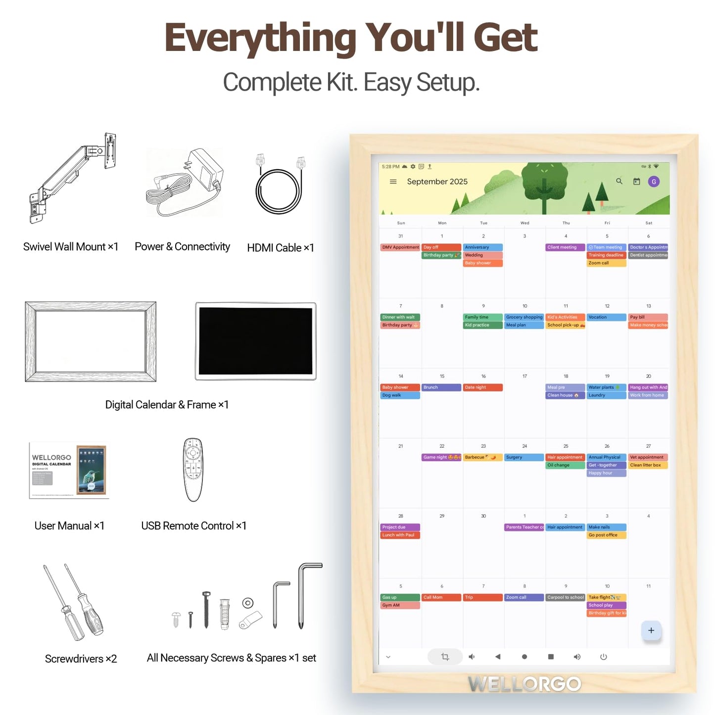 Wellorgo 32" Digital Calendar, Electronic Smart Calendar for wall, Large Family Daily Planner/Chores Chart for Kids, Touch Screen with Remote, Streaming Apps, Adjustable Wall Mount & Picture Frame