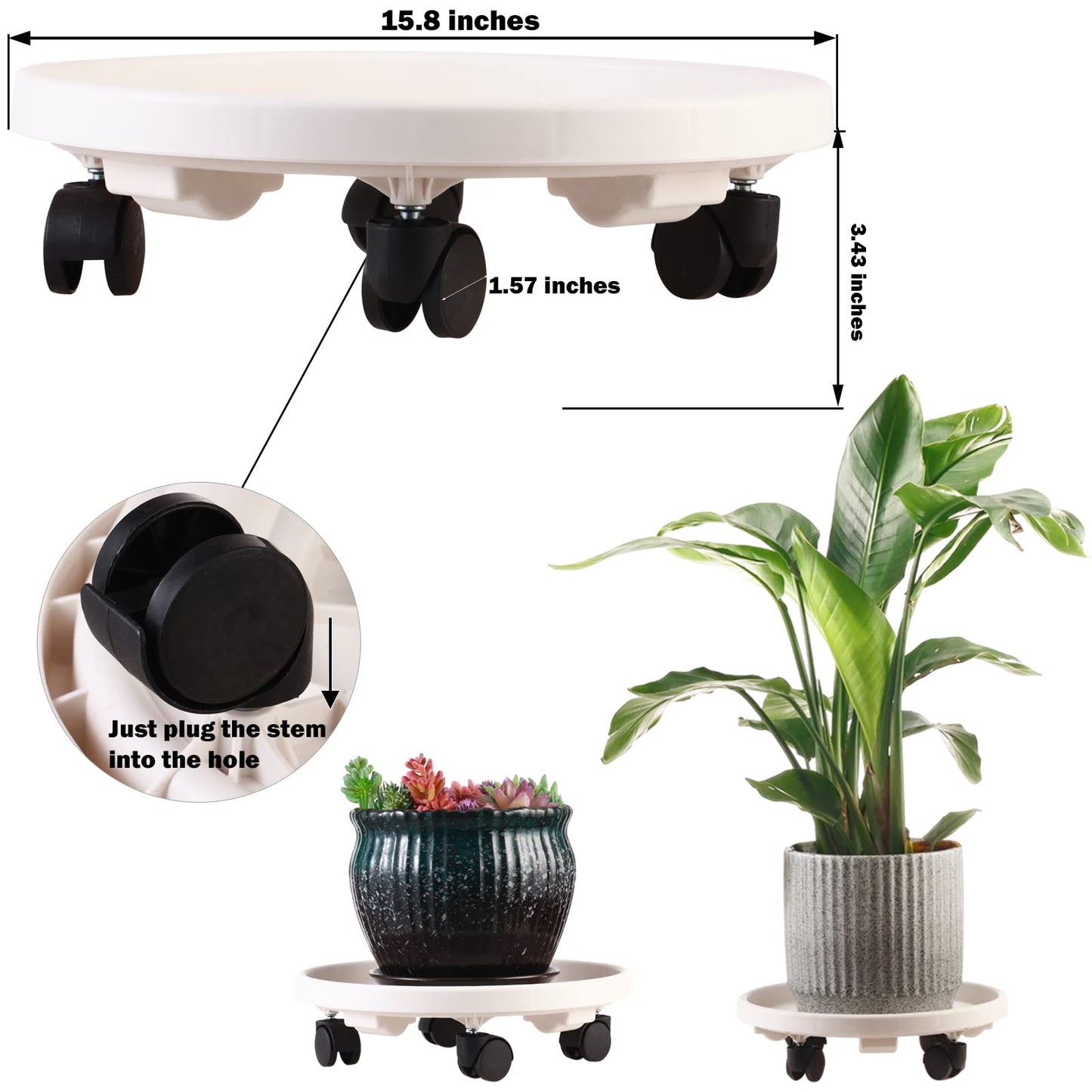 3 Pack Large Plant Caddy with Wheels 15.8" Rolling Plant Stands Heavy-duty Plastic Plant Roller Base Pot Movers Plant Saucer on Wheels Indoor Outdoor Plant Dolly with Caster Planter Tray Coaster White