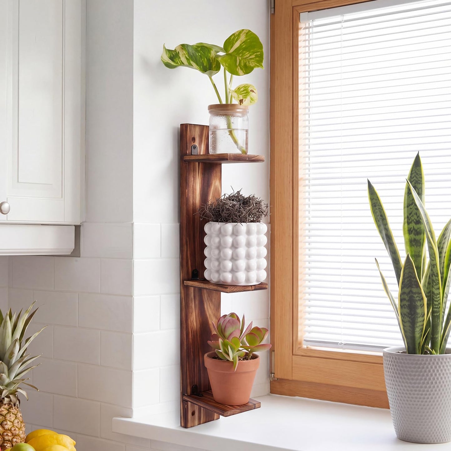 Pinkunn 3 Tier Wood Window Sill Plant Shelf Retro Indoor Wood Plant Stand Wall Mount Decorative Hanging Vertical Garden Display for Small Space Kitchen Living Room Bedroom Home