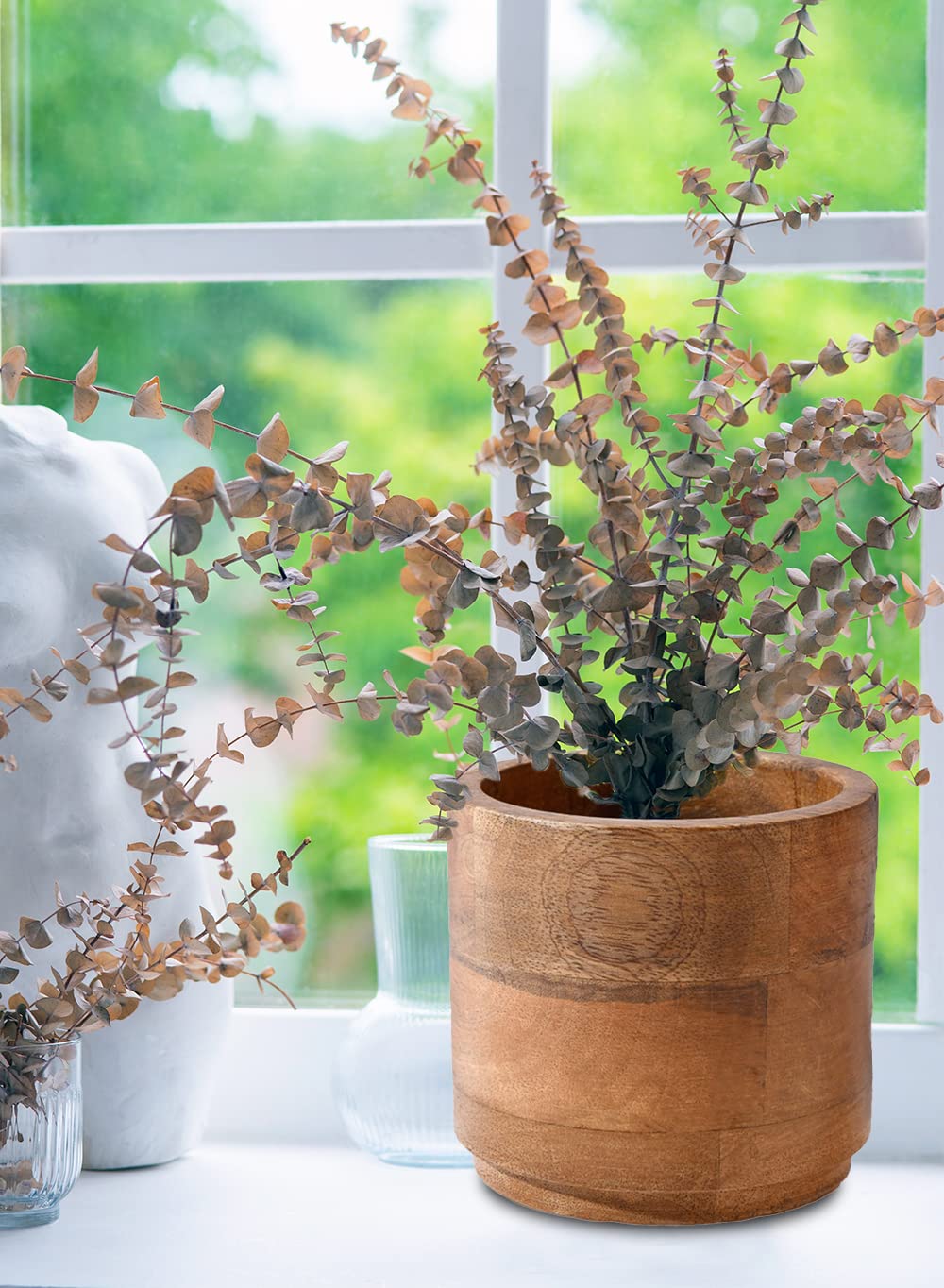 Serene Spaces Living Set of 6 Medium Mango Wood Cachepot, Natural Wooden Pot for Faux Flowers & Plants, Potted Indoor Plants, Home, Office, Restaurant Decor, Measures 6.5" Diameter & 6" Tall