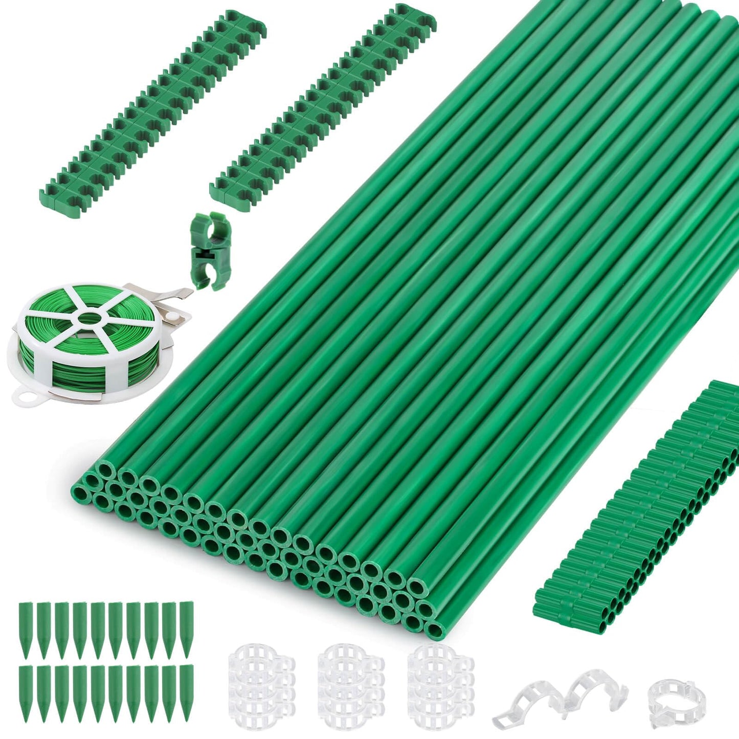 Cludoo 162PCS Garden Stakes Set with 50 Sets Fiberglass Plant Stakes Sticks Supports and Accessories, DIY 4ft 5ft 6ft 7ft Tomato Stakes for Tomato,Vegetables, Pepper, Fences Indoor Outdoor Plants