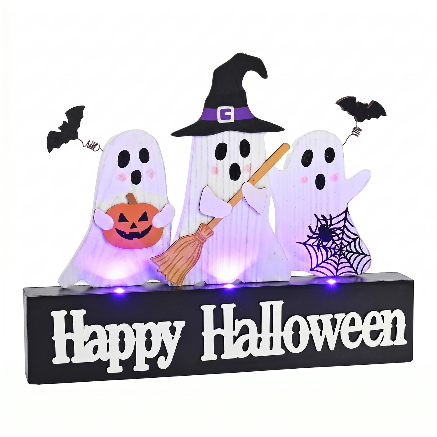 Valery Madelyn Halloween Decorations with Purple LED Lights, Lighted Halloween Ghost Decor, Tabletop Sign with Witch Hat Broom Bats Jack O Lantern for Home Party Indoor, 8 Inch