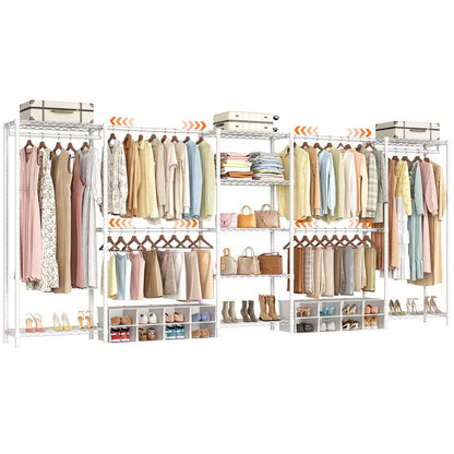 ONBRILL E5 Expandable Heavy Duty Garment Rack, Freestanding Closet Organizer System with 9 Wire Shelves & 6 Hanging Rods, Modular Metal Pipe Clothing Rack, Max Load 1350LBS, Portable Closet, White