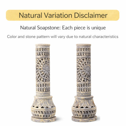 Carry Me Marble Soapstone Incense Stick Holder | Candle Burner | Tea Light Stand - Perfect Handmade Bottle Tower. Decorative Floral Carving for Gifting - Home and Office Decor - (3x3x10.5 Inches)