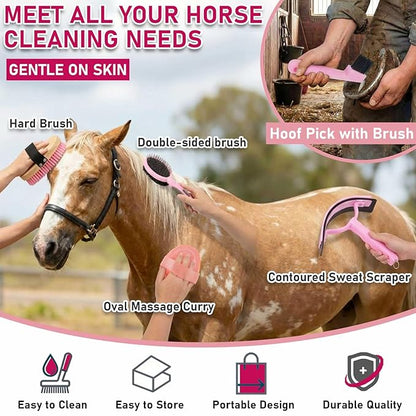 Cunhill 9 Pcs Horse Grooming Kit Tack Room Supplies Set with Tote Bag, Oval Massage Curry, Hard and Soft Brush, Hoof Pick, Sweat Scraper, Bathing Sponge, Comb for Horse Rider(Classic,Pink)