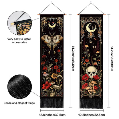 ARTCREATOR Pack of 2 Witchy Gothic Wall Bedroom Decor Moth Moon Tapestry Skull Mushroom Vertical Tapestries Retro Floral Flowers Tapestries for Bedroom Aesthetic Alt Room (12.8 x 51.2 inches)