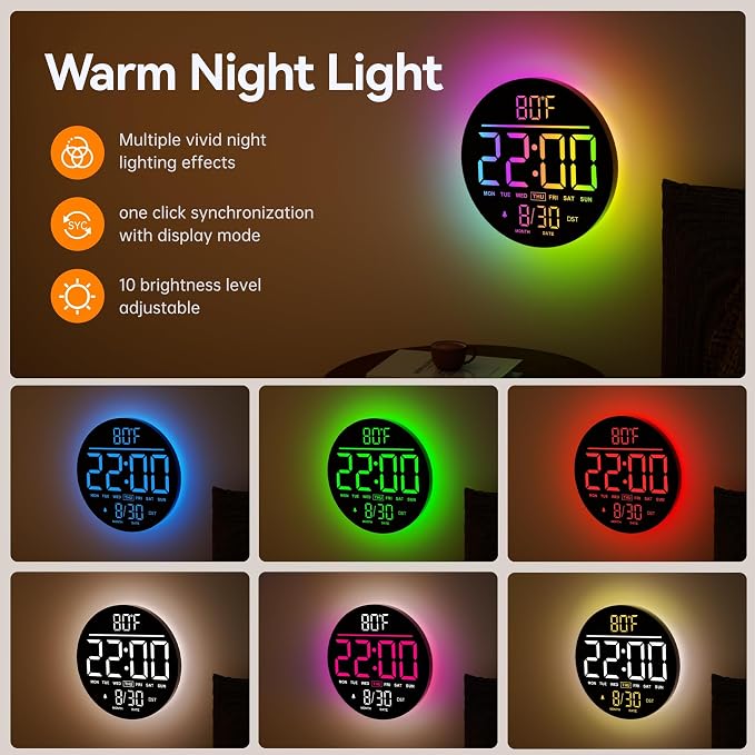 JALL 10" Large Digital Wall Clock with Seconds, Alarm Countdown Timer, Big LED Display, RGB Color, DST, Temperature, Mounted for Bedroom Living Room Office Classroom Gym, Xmas Birthday Gift, Green