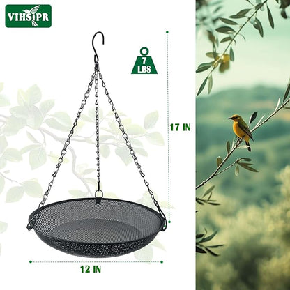 Hanging Bird Feeder for Outdoors – 12 in Platform Bird Feeder, Metal Mesh Seed Tray for Wild Birds, Black
